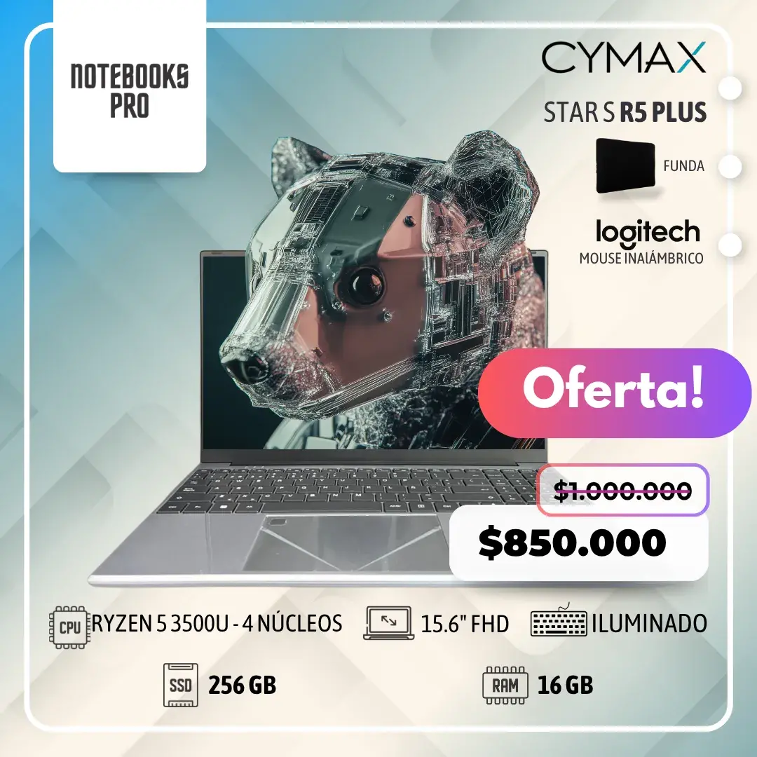 CYMAX STAR PLUS - RYZEN 5 3500U - SSD 256 GB - 16 GB RAM - 15.6" FHD - 4 Núcleos - Teclado Retroiluminado