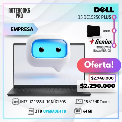 DELL 15 DC15250 PLUS - i7-1355U - 2TB SSD - 64 GB RAM - 15.6" FHD Touch - 10 Núcleos