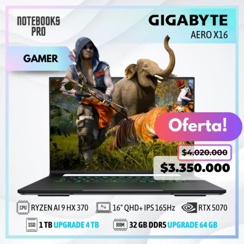 GIGABYTE AERO X16 - RYZEN AI 9 HX 370 - SSD 1 TB - 32 GB RAM DDR5 - 16" QHD+ IPS 165Hz - RTX 5070 - Teclado Retroiluminado - 12 núcleos