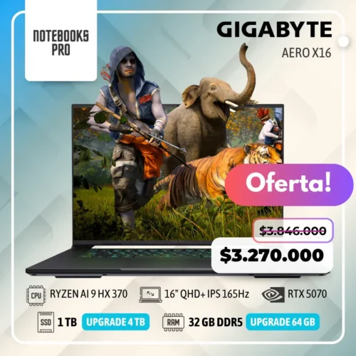 GIGABYTE AERO X16 - RYZEN AI 9 HX 370 - SSD 1 TB - 32 GB RAM DDR5 - 16" QHD+ IPS 165Hz - RTX 5070 - Teclado Retroiluminado - 12 núcleos