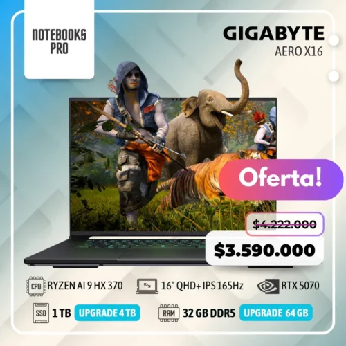 GIGABYTE AERO X16 - RYZEN AI 9 HX 370 - SSD 1 TB - 32 GB RAM DDR5 - 16" QHD+ IPS 165Hz - RTX 5070 - Teclado Retroiluminado - 12 núcleos