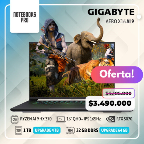 GIGABYTE AERO X16 - RYZEN AI 9 HX 370 - SSD 1 TB - 32 GB RAM DDR5 - 16" QHD+ IPS 165Hz - RTX 5070 - Teclado Retroiluminado - 12 núcleos