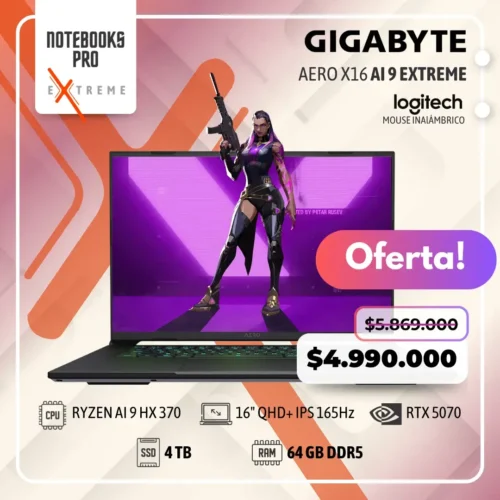 GIGABYTE AERO X16 EXTREME - RYZEN AI 9 HX 370 - SSD 4 TB - 64 GB RAM DDR5 - 16" QHD+ IPS 165Hz - RTX 5070 - Teclado Retroiluminado - 12 núcleos