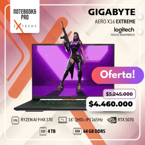 GIGABYTE AERO X16 EXTREME - RYZEN AI 9 HX 370 - SSD 4 TB - 64 GB RAM DDR5 - 16" QHD+ IPS 165Hz - RTX 5070 - Teclado Retroiluminado - 12 núcleos
