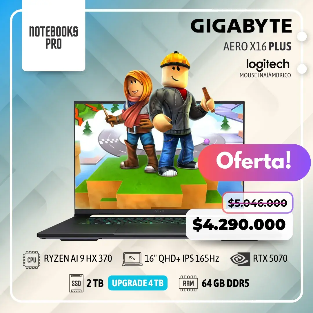 GIGABYTE AERO X16 PLUS - RYZEN AI 9 HX 370 - SSD 2 TB - 64 GB RAM DDR5 - 16" QHD+ IPS 165Hz - RTX 5070 - Teclado Retroiluminado - 12 núcleos