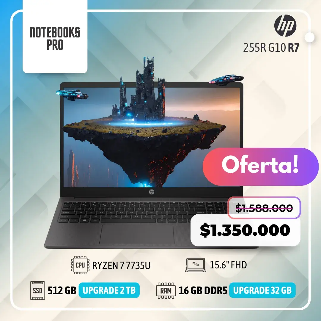 HP 255R G10 - RYZEN 7 7735U - SSD 512 GB - 16 GB RAM DDR5 - 15.6" FHD - 8 núcleos