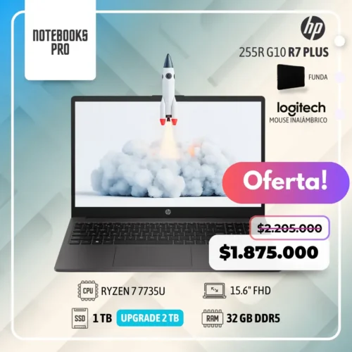 HP 255R G10 PLUS - RYZEN 7 7735U - SSD 1 TB - 32 GB RAM DDR5 - 15.6" FHD - 8 núcleos