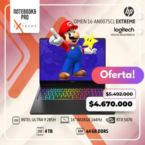 HP OMEN 16-AN0075CL EXTREME - ULTRA 9 285H - SSD 4 TB - 64 GB RAM DDR5 - RTX 5070- 16" WUXGA 144Hz - Teclado Retroiluminado - 16 Núcleos