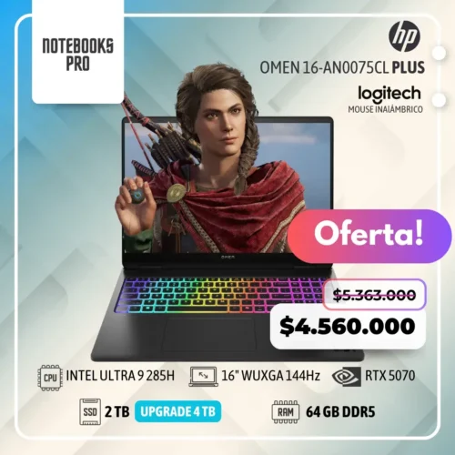 HP OMEN 16-AN0075CL PLUS - ULTRA 9 285H - SSD 2 TB - 64 GB RAM DDR5 - RTX 5070- 16" WUXGA 144Hz - Teclado Retroiluminado - 16 Núcleos