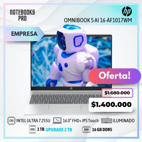 HP OMNIBOOK 5 AI 16-AF1017WM - ULTRA 7 255U - SSD 1 TB - 16 GB RAM DDR5 - 16.0” FHD+ IPS Touch - Teclado retroiluminado - 12 Núcleos