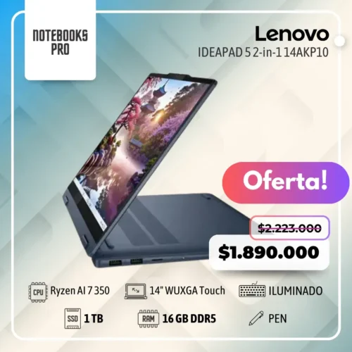 LENOVO IDEAPAD 5 2-in-1 14AKP10 - RYZEN AI 7 350 - SSD 1 TB - 16 GB RAM DDR5 - 14" WUXGA Touch - Teclado Retroiluminado - Lápiz óptico - 8 Núcleos