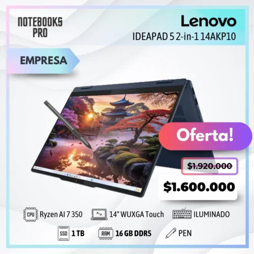 LENOVO IDEAPAD 5 2-in-1 14AKP10 - RYZEN AI 7 350 - SSD 1 TB - 16 GB RAM DDR5 - 14" WUXGA Touch - Teclado Retroiluminado - Lápiz óptico - 8 Núcleos