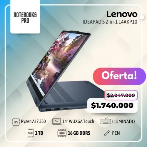 LENOVO IDEAPAD 5 2-in-1 14AKP10 - RYZEN AI 7 350 - SSD 1 TB - 16 GB RAM DDR5 - 14" WUXGA Touch - Teclado Retroiluminado - Lápiz óptico - 8 Núcleos