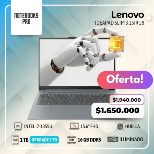 LENOVO IDEAPAD SLIM 3 15IRU8 - i7-1355U - SSD 1 TB - 16 GB RAM DDR5 - 15.6" FHD  - 10 núcleos - Teclado retroiluminado - Lector de huella