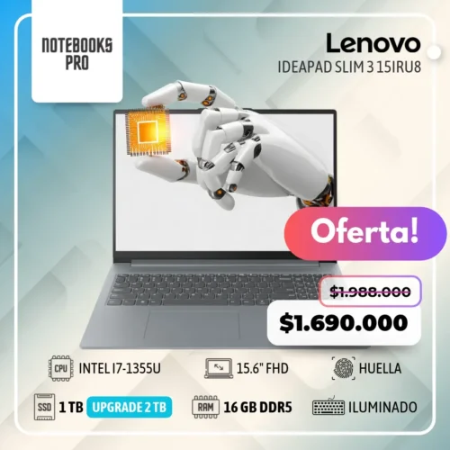 LENOVO IDEAPAD SLIM 3 15IRU8 - i7-1355U - SSD 1 TB - 16 GB RAM DDR5 - 15.6" FHD  - 10 núcleos - Teclado retroiluminado - Lector de huella