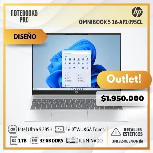 (OUTLET) HP OMNIBOOK 5 16-AF1095CL - Ultra 9 285H - SSD 1 TB - 32 GB RAM DDR5 - 16.0” WUXGA IPS LED Touch - Teclado retroiluminado - 16 Núcleos