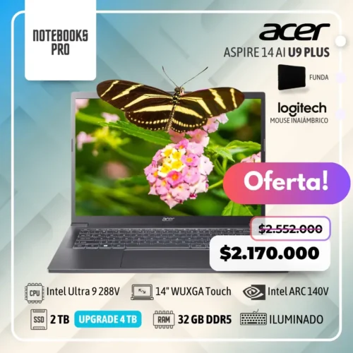 ACER ASPIRE 14 AI PLUS - Intel Core Ultra 9 288V - SSD 2 TB - 32 GB RAM DDR5 - Intel ARC 140V - 14" WUXGA IPS Touch
