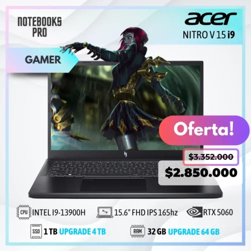 ACER NITRO V 15 - i9-13900H - SSD 1 TB - 32 GB RAM - 15.6" FHD IPS 165hz - RTX 5060 - Teclado retroiluminado - 14 Núcleos