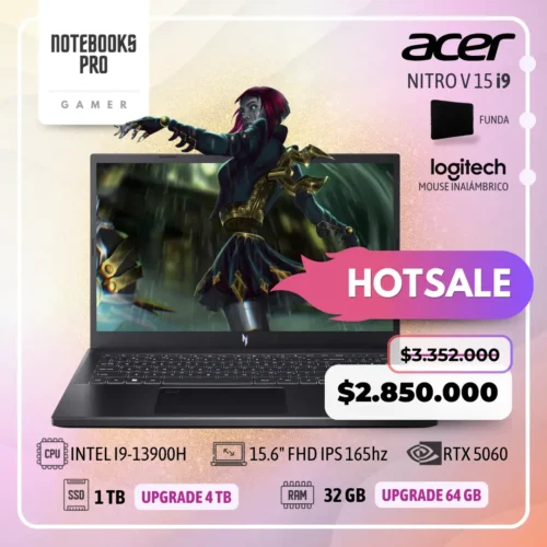 ACER NITRO V 15 - i9-13900H - SSD 1 TB - 32 GB RAM - 15.6" FHD IPS 165hz - RTX 5060 - Teclado retroiluminado - 14 Núcleos
