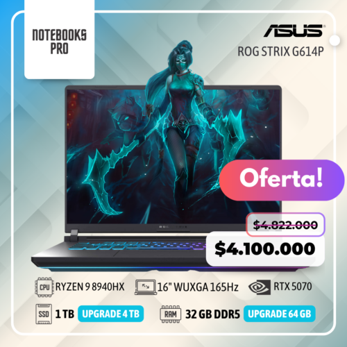 ASUS ROG STRIX G614P - RYZEN 9 8940HX - SSD 1 TB - 32 GB RAM DDR5 - 16" WUXGA 165Hz - RTX 5070 - Teclado retroiluminado - 16 núcleos