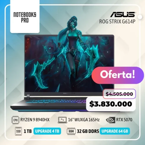 ASUS ROG STRIX G614P - RYZEN 9 8940HX - SSD 1 TB - 32 GB RAM DDR5 - 16" WUXGA 165Hz - RTX 5070 - Teclado retroiluminado - 16 núcleos