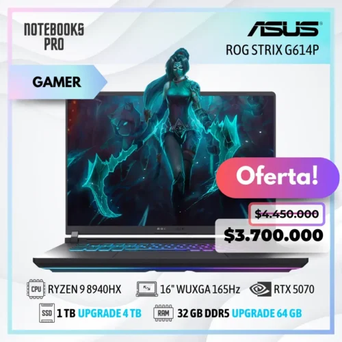 ASUS ROG STRIX G614P - RYZEN 9 8940HX - SSD 1 TB - 32 GB RAM DDR5 - 16" WUXGA 165Hz - RTX 5070 - Teclado retroiluminado - 16 núcleos