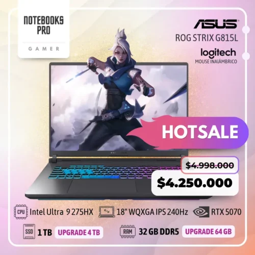 ASUS ROG STRIX G815L - INTEL CORE ULTRA 9 275HX - SSD 1 TB - 32 GB RAM DDR5 - RTX 5070 - 18" WQXGA IPS 240Hz - Teclado Retroiluminado - 24 Núcleos