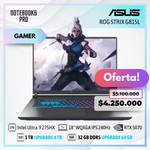ASUS ROG STRIX G815L - INTEL CORE ULTRA 9 275HX - SSD 1 TB - 32 GB RAM DDR5 - RTX 5070 - 18" WQXGA IPS 240Hz - Teclado Retroiluminado - 24 Núcleos