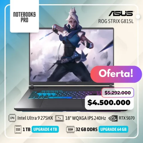 ASUS ROG STRIX G815L - INTEL CORE ULTRA 9 275HX - SSD 1 TB - 32 GB RAM DDR5 - RTX 5070 - 18" WQXGA IPS 240Hz - Teclado Retroiluminado - 24 Núcleos