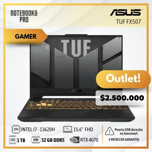 (OUTLET) ASUS TUF FX507 - i7-13620H - SSD 1TB - 32 GB RAM DDR5 - 15.6" FHD - RTX 4070 - 10 Núcleos