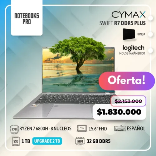 CYMAX SWIFT R7 PLUS - RYZEN 7 6800H - SSD 1 TB - 32 GB RAM DDR5 - 15.6" FHD - 8 Núcleos - Teclado retroiluminado - Teclado español
