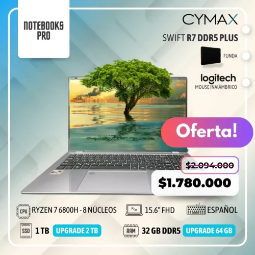 CYMAX SWIFT R7 PLUS - RYZEN 7 6800H - SSD 1 TB - 32 GB RAM DDR5 - 15.6" FHD - 8 Núcleos - Teclado retroiluminado - Teclado español