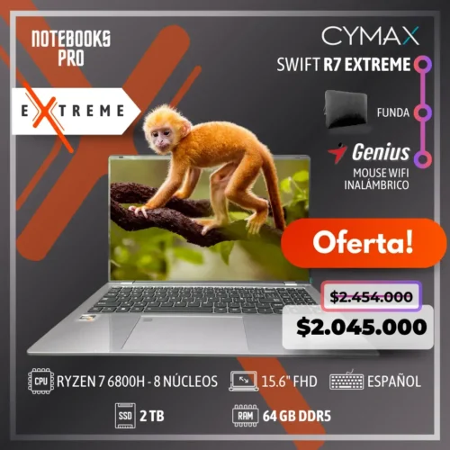 CYMAX SWIFT R7 EXTREME - RYZEN 7 6800H - SSD 2 TB - 64 GB RAM DDR5 - 15.6" FHD - 8 Núcleos - Teclado retroiluminado - Teclado español