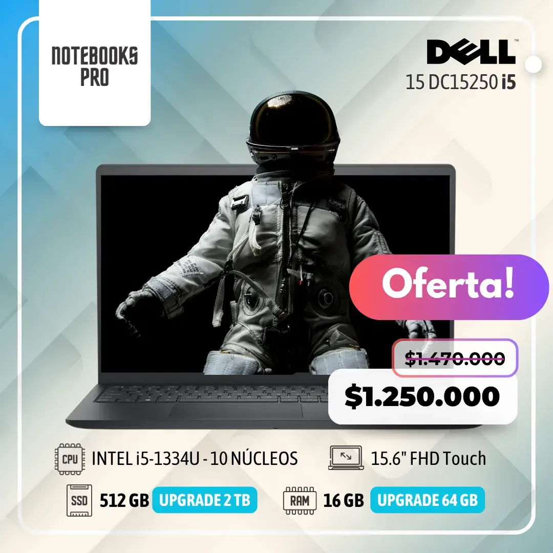 DELL 15 DC15250 - i5-1334U - 512 GB SSD - 16 GB RAM - 15.6" FHD Touch- 10 Núcleos
