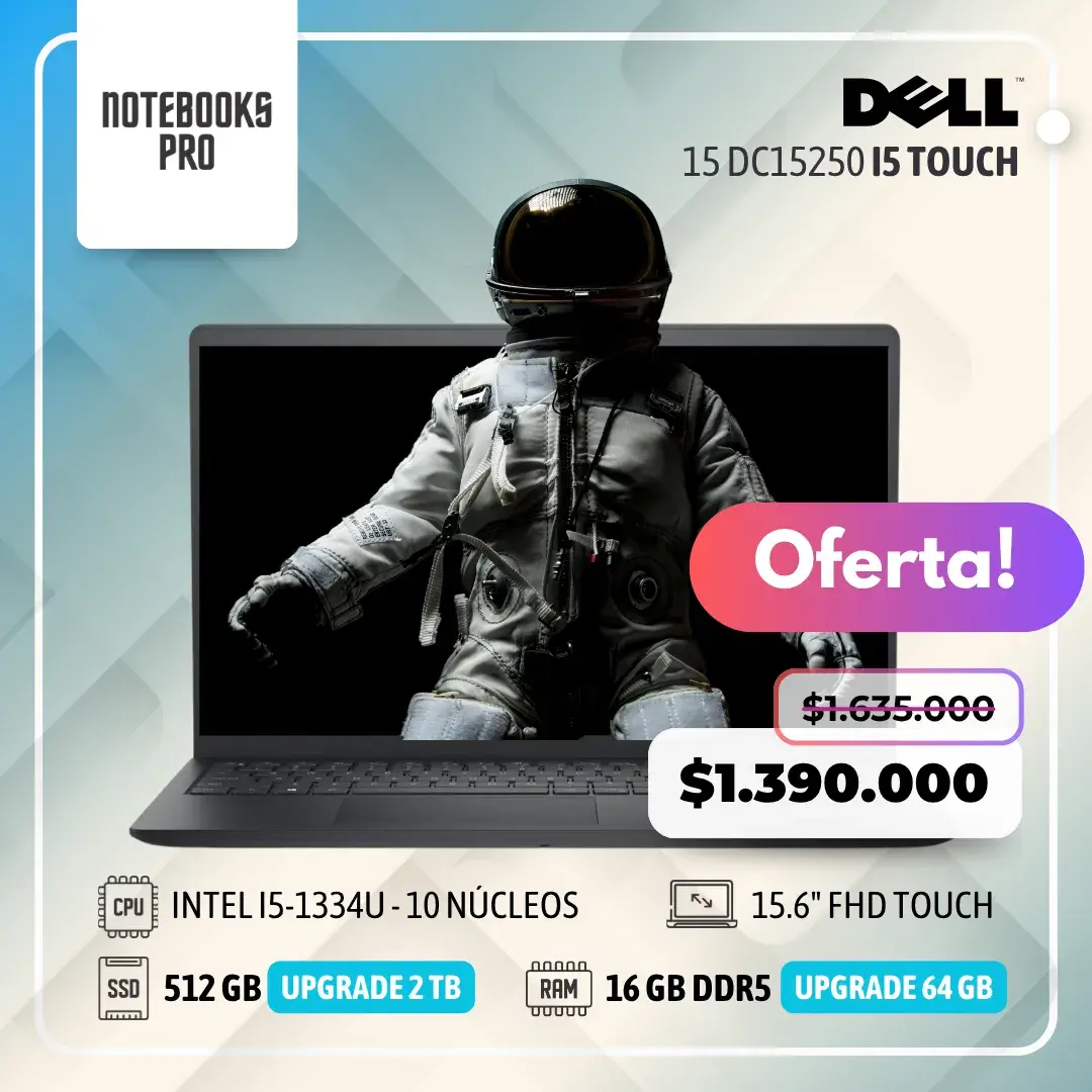 DELL 15 DC15250 - i5-1334U - 512 GB SSD - 16 GB RAM DDR5 - 15.6" FHD Touch- 10 Núcleos