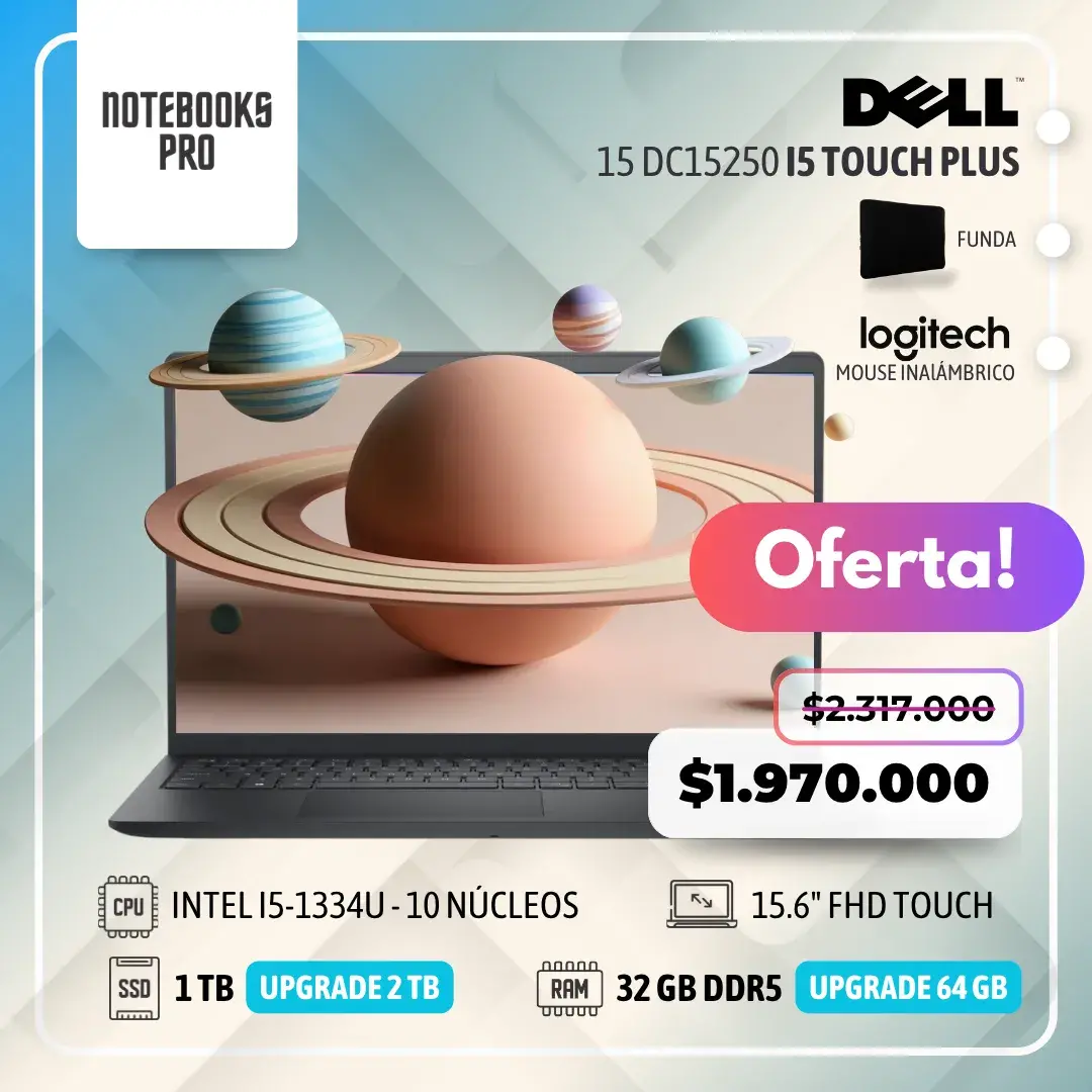 DELL 15 DC15250 PLUS - i5-1334U - 1 TB SSD - 32 GB RAM DDR5 - 15.6" FHD Touch- 10 Núcleos
