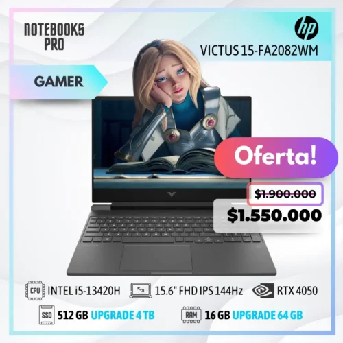 HP VICTUS 15-FA2082WM - i5-13420H - SSD 512 GB - 16 GB RAM - 15.6" FHD IPS 144Hz - RTX 4050- 8 Nucleos- Teclado retroiluminado