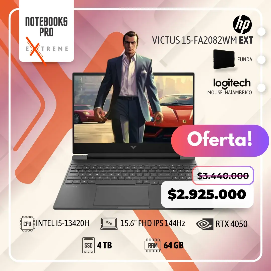 HP VICTUS 15-FA2082WM EXTREME - i5-13420H - SSD 4 TB - 64 GB RAM - 15.6" FHD IPS 144Hz - RTX 4050- 8 Nucleos- Teclado retroiluminado
