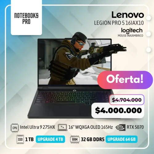 LENOVO LEGION PRO 5 16IAX10 – Intel Core Ultra 9 275HX – SSD 1 TB – 32 GB RAM DDR5 – RTX 5070 – 16″ WQXGA OLED 165Hz – Teclado Retroiluminado – 24 Núcleos