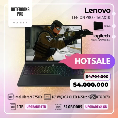 LENOVO LEGION PRO 5 16IAX10 – Intel Core Ultra 9 275HX – SSD 1 TB – 32 GB RAM DDR5 – RTX 5070 – 16″ WQXGA OLED 165Hz – Teclado Retroiluminado – 24 Núcleos