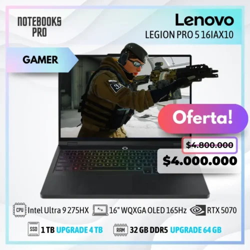 LENOVO LEGION PRO 5 16IAX10 – Intel Core Ultra 9 275HX – SSD 1 TB – 32 GB RAM DDR5 – RTX 5070 – 16″ WQXGA OLED 165Hz – Teclado Retroiluminado – 24 Núcleos