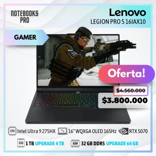 LENOVO LEGION PRO 5 16IAX10 – Intel Core Ultra 9 275HX – SSD 1 TB – 32 GB RAM DDR5 – RTX 5070 – 16″ WQXGA OLED 165Hz – Teclado Retroiluminado – 24 Núcleos