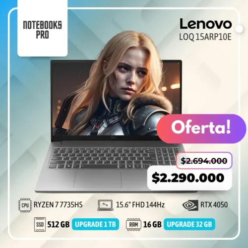 LENOVO LOQ 15ARP10E - RYZEN 7 7735HS - SSD 512 GB - 16 GB RAM DDR5 - 15.6" FHD 144Hz - RTX 4050 - Teclado retroiluminado - 8 núcleos