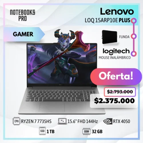 LENOVO LOQ 15ARP10E PLUS - RYZEN 7 7735HS - SSD 1 TB - 32 GB RAM DDR5 - 15.6" FHD 144Hz - RTX 4050 - Teclado retroiluminado - 8 núcleos