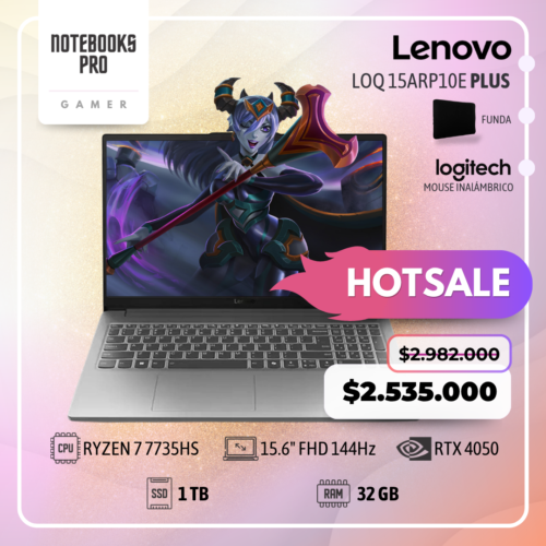 LENOVO LOQ 15ARP10E PLUS - RYZEN 7 7735HS - SSD 1 TB - 32 GB RAM DDR5 - 15.6" FHD 144Hz - RTX 4050 - Teclado retroiluminado - 8 núcleos