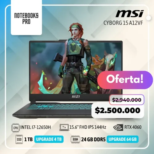 MSI CYBORG 15 A12VF - i7-12650H - SSD 1 TB - 24 GB RAM DDR5 - RTX 4060 - 15.6" FHD IPS 144Hz - Teclado Retroiluminado - 10 Núcleos