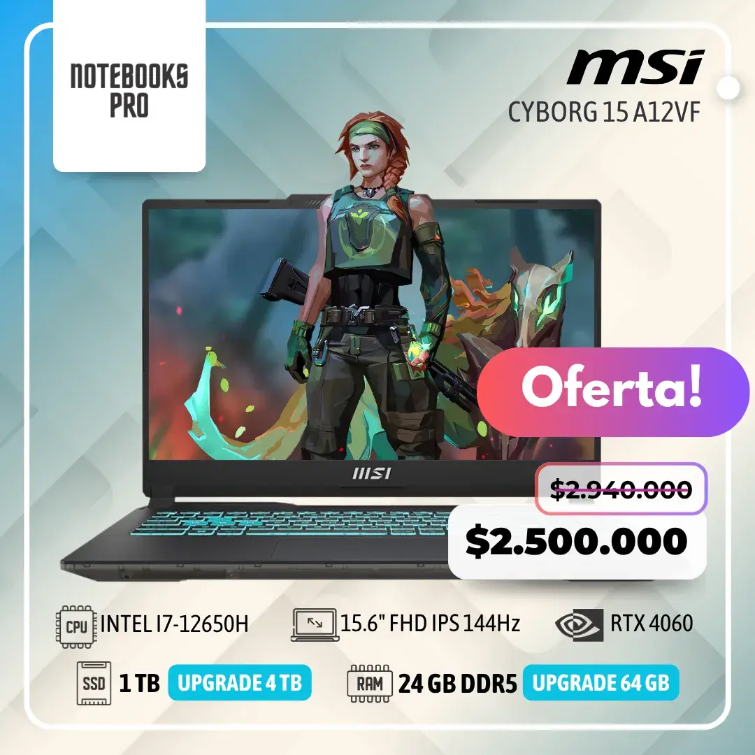 MSI CYBORG 15 A12VF - i7-12650H - SSD 1 TB - 24 GB RAM DDR5 - RTX 4060 - 15.6" FHD IPS 144Hz - Teclado Retroiluminado - 10 Núcleos