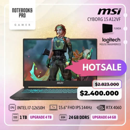 MSI CYBORG 15 A12VF - i7-12650H - SSD 1 TB - 24 GB RAM DDR5 - RTX 4060 - 15.6" FHD IPS 144Hz - Teclado Retroiluminado - 10 Núcleos