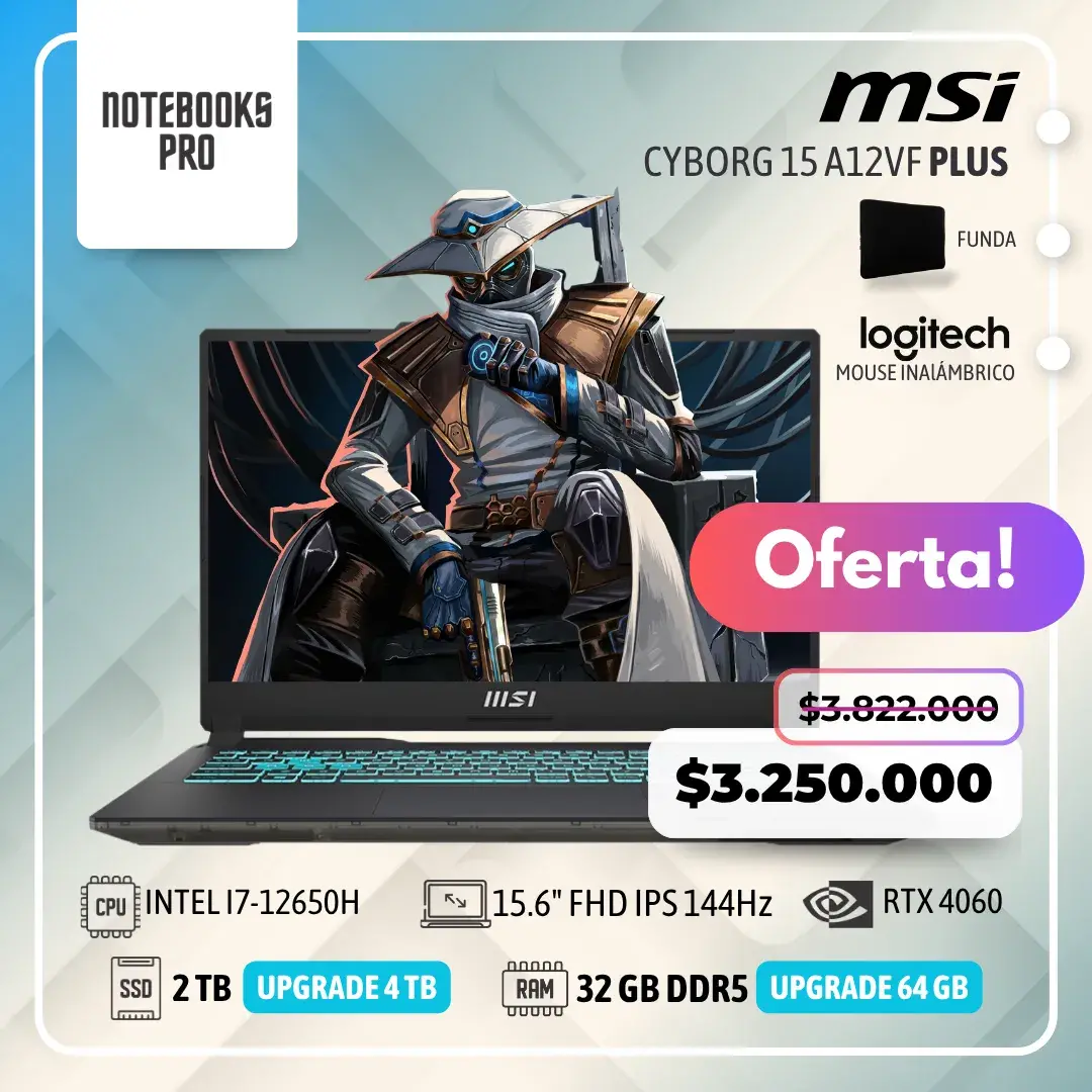 MSI CYBORG 15 A12VF PLUS - i7-12650H - SSD 2 TB - 32 GB RAM DDR5 - RTX 4060 - 15.6" FHD IPS 144Hz - Teclado Retroiluminado - 10 Núcleos