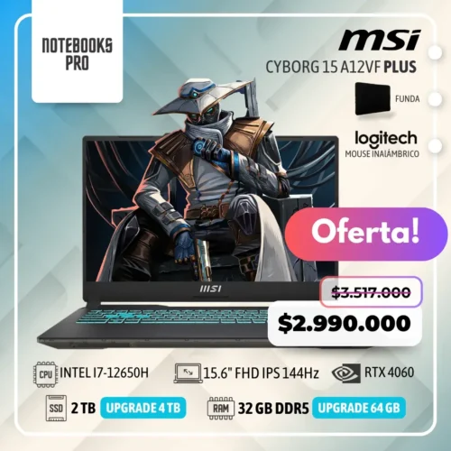 MSI CYBORG 15 A12VF PLUS - i7-12650H - SSD 2 TB - 32 GB RAM DDR5 - RTX 4060 - 15.6" FHD IPS 144Hz - Teclado Retroiluminado - 10 Núcleos